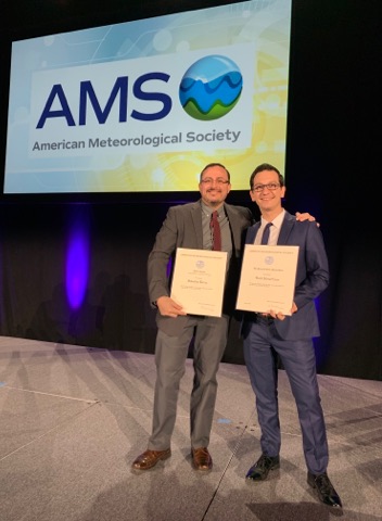 Sebastian Torres, left, and David Schvartzman, right, receiving their awards at the American Meteorological Societys 100th Annual Meeting. Both support research at NOAA NSSL.