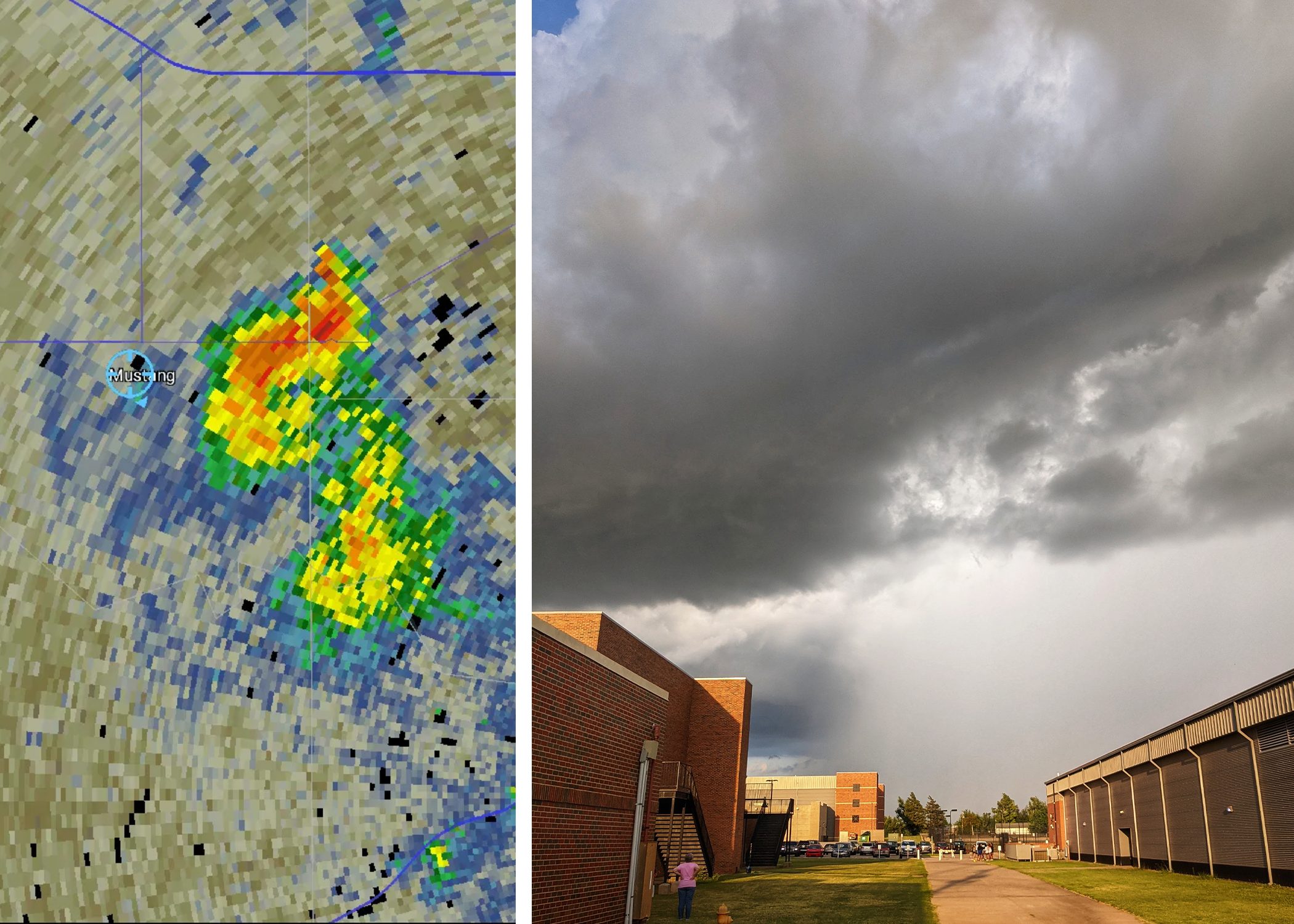 A radar image mirrors a photograph of a physical storm. 