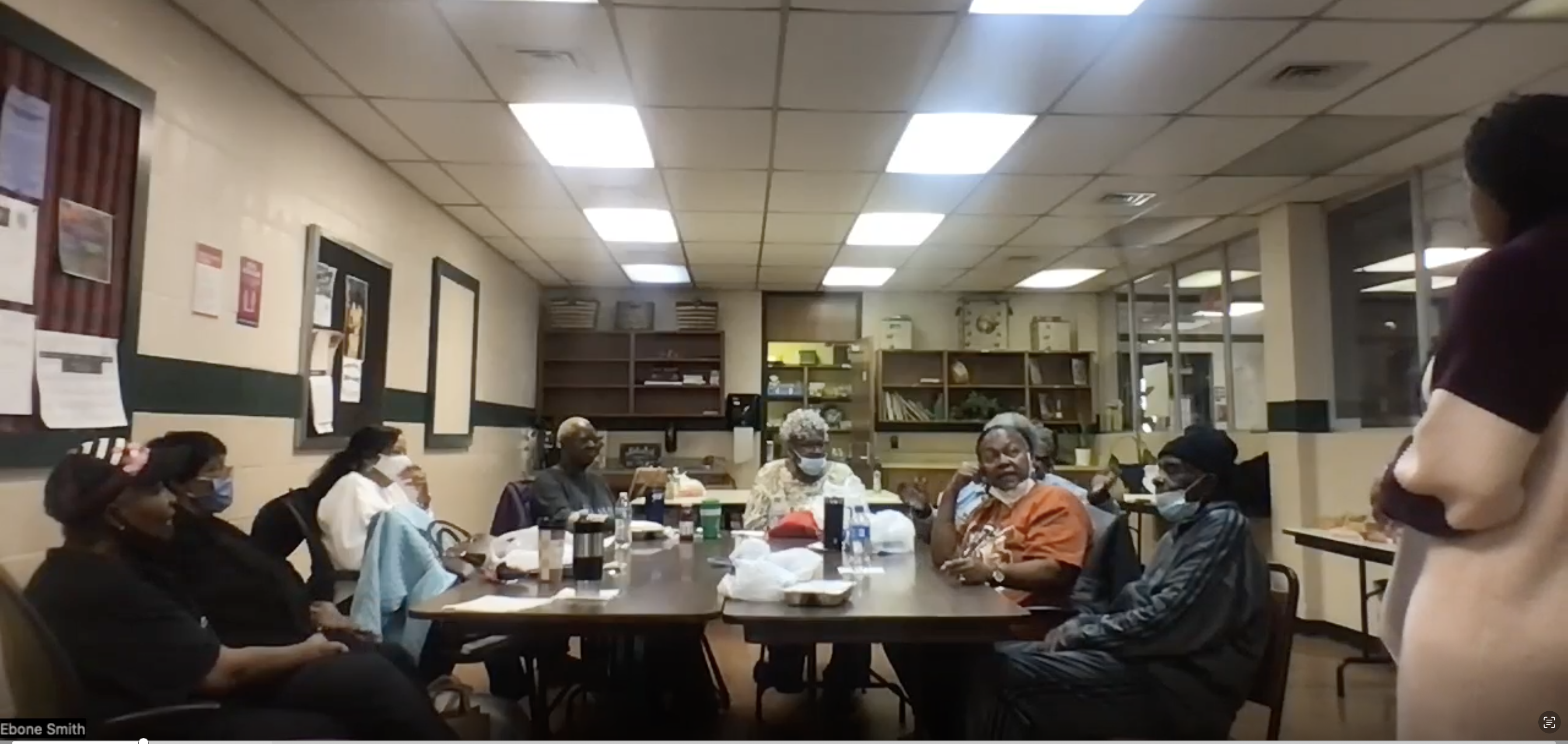 Ebone Smith facilitates a conversation with focus group participants on extreme heat in Oklahoma City. | Ebone Smith works at the South Central Climate Adaptation Science Center recruitment table at the Senior Center in Oklahoma City.