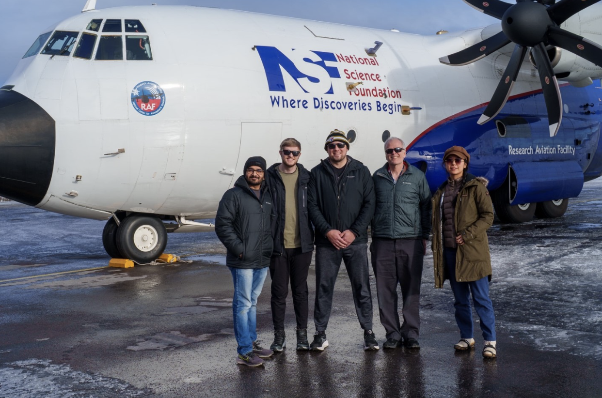 Members of the OU/CIWRO Cloud Physics Group stand with their research plane after a flight on March 12, 2024. Pictured (left to right) are Saurabh Patil, Nick Amundsen, Andrew Dzambo, Greg McFarquhar and Qing Niu. 
